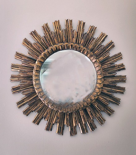 Vintage Mid-century Spanish Sunburst Circular Giltwood Mirror, 1940s-50s SOLD •