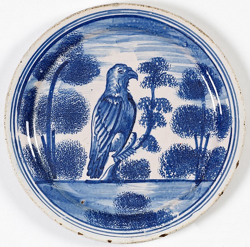 Inventory: British Delftware English Delftware Plate with Hawk Perched on Tree, London, Probably Vauxhall, 1710-25 $2,250