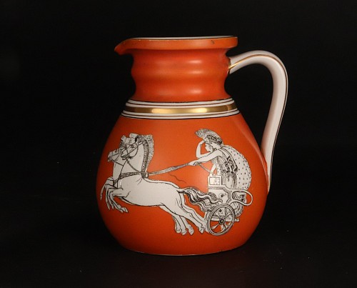 British Porcelain Neo-classical Porcelain Jug with Orange Ground, Hill Pottery Co. Burslem, Staffordshire, 1865 SOLD •