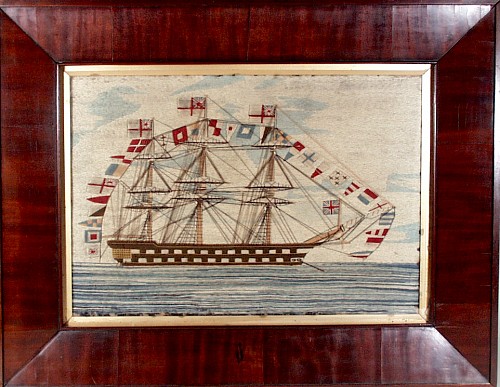 Sailor's Woolwork English Sailor's Woolwork Woolie Picture of a ship of the line fully dressed, Circa 1855-65. SOLD •