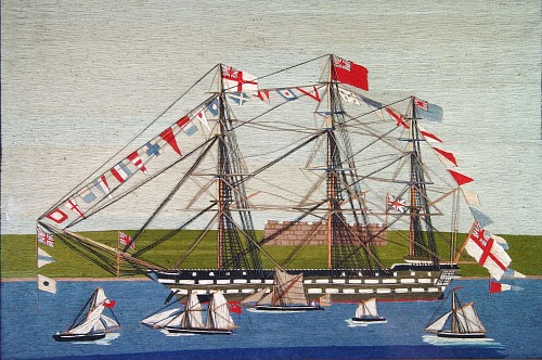 Inventory: Sailor&#039;s Woolwork BRITISH SAILOR'S WOOLWORK PICTURE OF A FULLY DRESSED SHIP, Circa 1870 SOLD &bull;