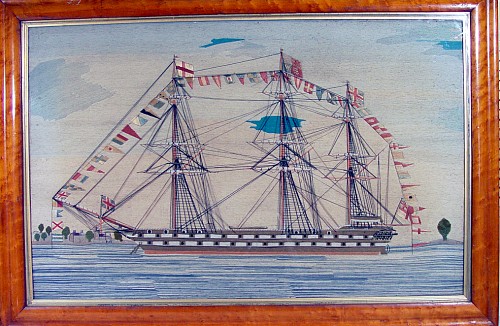 Sailor's Woolwork British Sailor's Woolwork Large Picture of a Fully Dressed Ship, Circa 1870 SOLD •