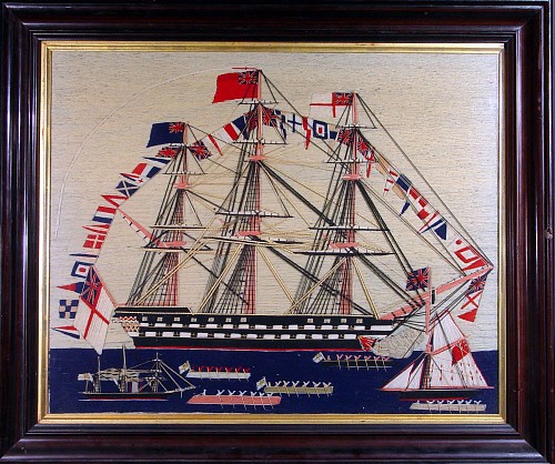 Sailor's Woolwork British Sailor's Woolwork Picture (woolie) of a Naval Review with  Multiple Ships & Boats, Circa 1870 SOLD •