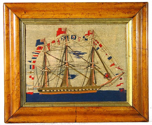 Inventory: Sailor&#039;s Woolwork Miniature English Sailor's Woolwork Picture of a Fully Dressed Royal Navy Ship, Circa 1870 SOLD &bull;