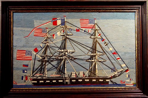 Sailor's Woolwork American Sailor's Woolwork Picture of a Ship, 1880 SOLD •