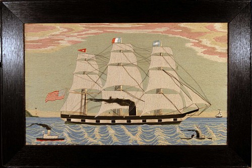 Woolwork American Woolwork Picture of Four Ships, 1875 SOLD •