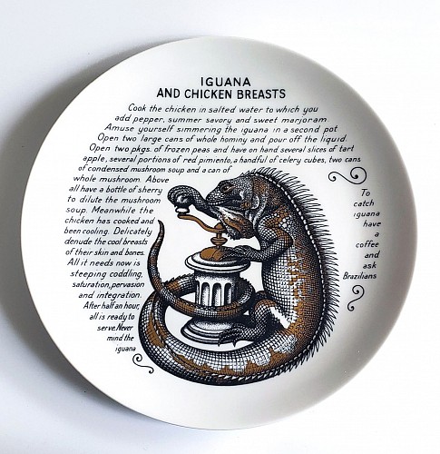 Piero Fornasetti Piero Fornasetti Fleming Joffe Porcelain Recipe Plate- Iguana and Chicken Breasts, 1960s-1974 $750