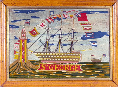 Sailor's Woolwork British Sailor's Naive Woolwork of Royal Navy Ship H.M.S. St George, Circa 1860 SOLD •