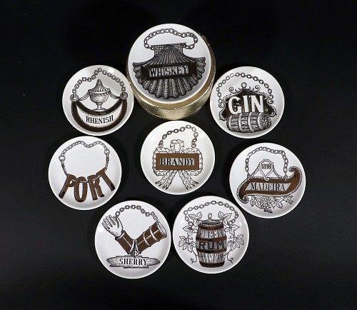 Piero Fornasetti Piero Fornasetti Ceramic Barware Coasters with Vini & Liquori Pattern, 1960s $985