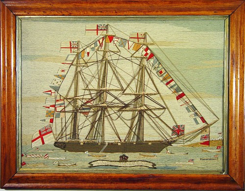 Sailor's Woolwork A British Sailor's Woolie of a Fully-dressed H.M.S. Volage with multiple long boats with flags of different nations , Circa 1870 $15,000