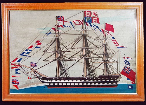 Sailor's Woolwork English Woolwork or Woolie of a Fully Dressed Ship at Portsmouth flying the Royal Standard, Circa 1860 SOLD •