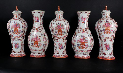 Chinese Export Porcelain Chinese Export Porcelain Large Five-piece Famille Rose Garniture of Vases and Covers, 1775-80 $18,000