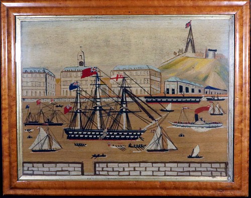 Sailor's Woolwork English Sailor's Woolwork Large Picture of Fifteen Ships in Chatham on The River Medway, 1875 $14,000