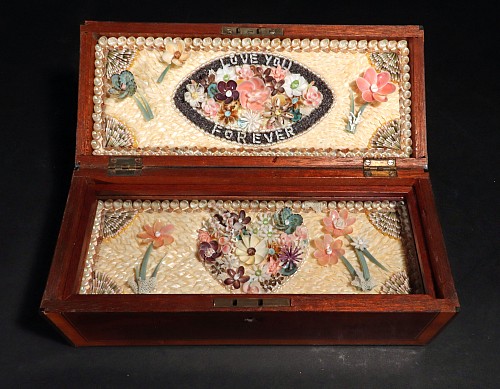 Sailor's Valentine Sandy Moran Shellwork, "Love You Forever", in Antique Glove Box, 20th Century $1,850