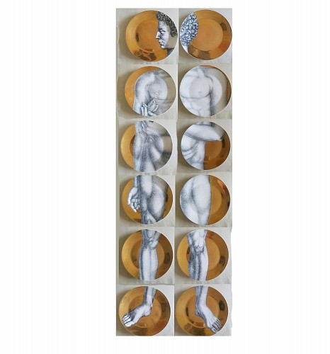 Inventory: Piero Fornasetti Vintage Piero Fornasetti Gold Adam Porcelain Plates- Set of Twelve, 1970s $8,000