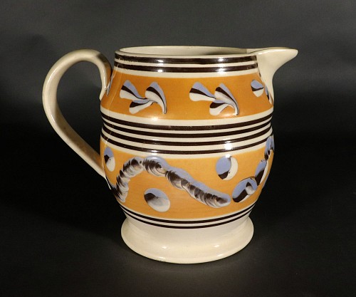 Mocha Antique English Pottery Dark Yellow Mocha Jug with Leaf, Earthworm and Cat's Eye SOLD •