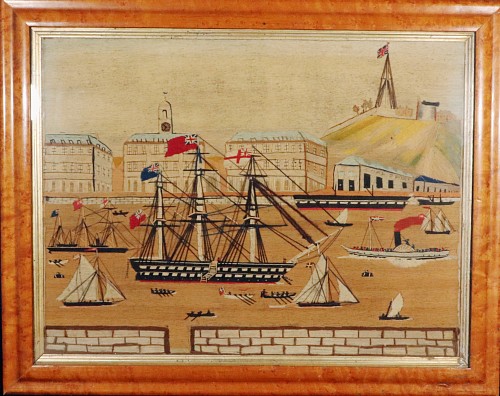 Sailor's Woolwork English Sailor's Woolwork Large Picture of Fifteen Ships in Chatham on The River Medway, 1875 $14,000