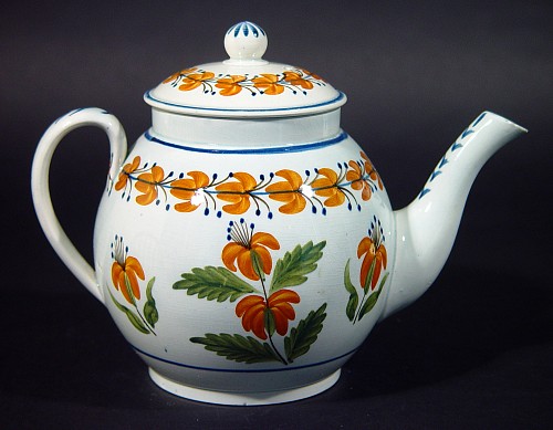 Pearlware Antique English Prattware Pearlware Teapot decorated with Orange Flowers, Circa 1810-20 $950