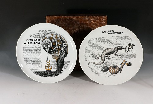 Inventory: Piero Fornasetti Piero Fornasetti Porcelain Cook Plates-Calcutta Minestrone and Corfam Du Pont With Original Faux Hide Box, 1968 $1,250