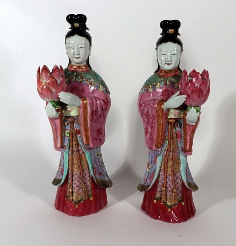 Inventory: Chinese Export Porcelain Chinese Export Porcelain Maiden Lotus Candlesticks, A Pair, 1775 $18,500