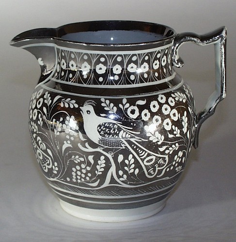 Pearlware English Pottery silver lustre bird decorated jug, 1810-20 SOLD •