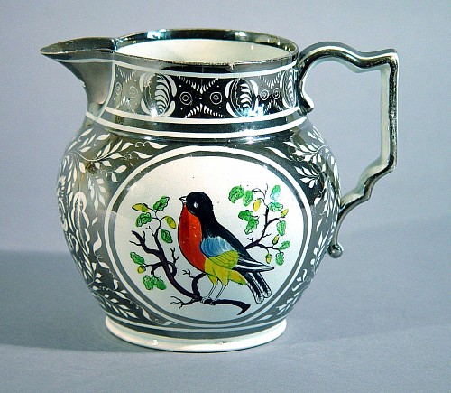 Pearlware English Silver Lustre Jug decorated with Robins, Circa 1815 SOLD •