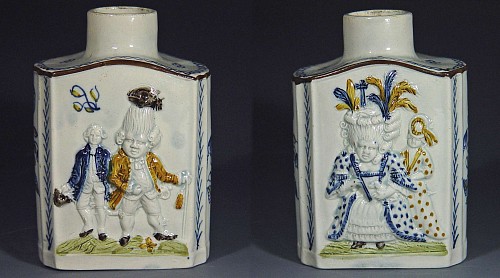 Pearlware Prattware English Pottery Pearlware Tea Caddies decorated with Macaroni Figures, 1800 SOLD •