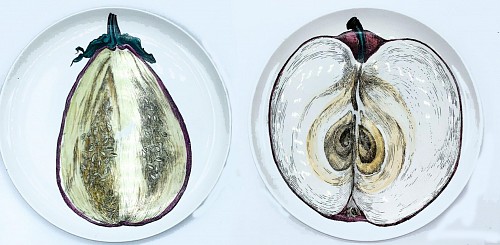 Piero Fornasetti Piero Fornasetti Pair of Sezioni Di Frutta Porcelain Eggplant & Apple Plates (Nos 6 & 7), 1960s SOLD •