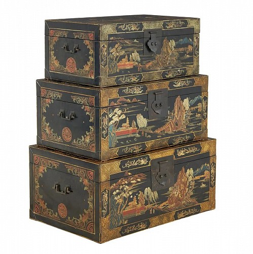 Inventory: China Trade Set of Three Nested Chinese Ebonized Trunks, 1900 $5,500