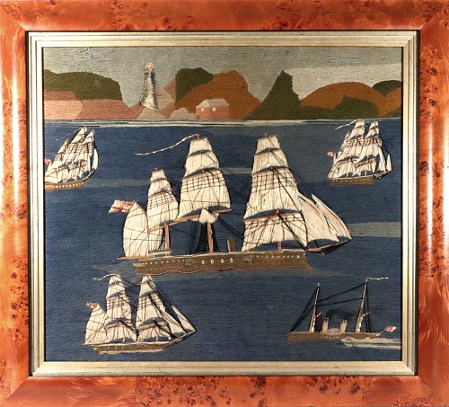 Sailor's Woolwork British Sailor's Woolwork Picture of  Five Ships off Shore, 1865 $9,500