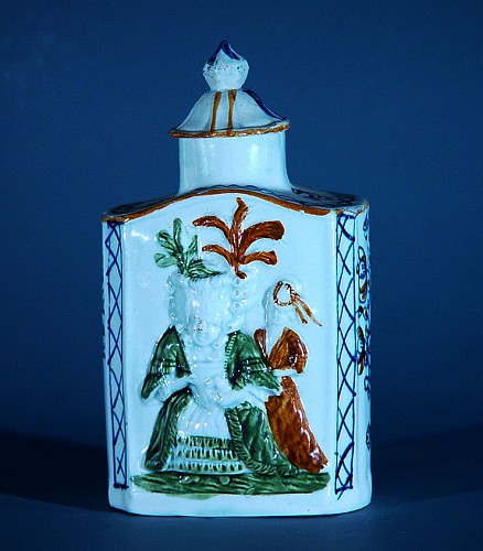 Pearlware English Pottery Prattware Macaroni Tea Caddy and Cover, Circa 1790-1810 SOLD •