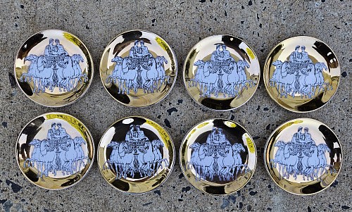 Piero Fornasetti Piero Fornasetti Set of Eight Coasters of Roman Chariots on a Gold Ground, 1960s $950