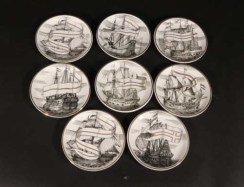 Piero Fornasetti Vintage Piero Fornasetti Tall Ship Ceramic Coasters with Original Blue Box, Velieri Pattern, Early 1960s $850