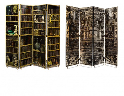 Piero Fornasetti Early Piero Fornasetti Folding Screen with Libi  (Library) to one side and La Citta Riflettente (Reflective City reverse), Circa 1950s-early 60s. SOLD •