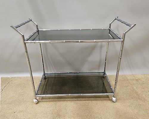 Mid-century Modern Mid-Century Modern Large Faux Bamboo Steel and Smoked Glass Bar Cart, 1970 $1,850