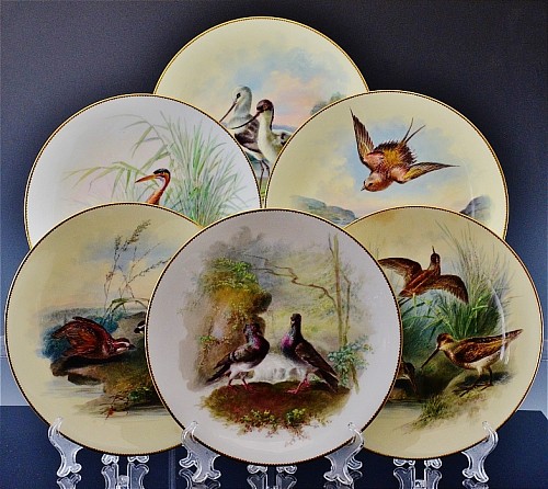 Minton Factory Antique English Minton Porcelain Cabinet Plates of Birds signed by William Mussil,  (6), Circa 1880 $1,500