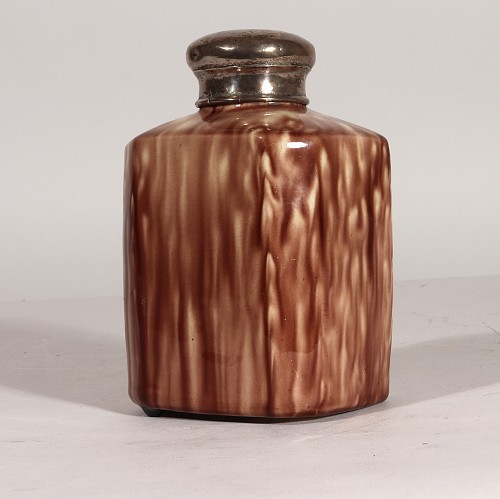 Creamware Pottery 18th Century English Whieldon-type Creamware Tortoiseshell Glaze Tea Caddy with Silver Cover, 1770 $1,500