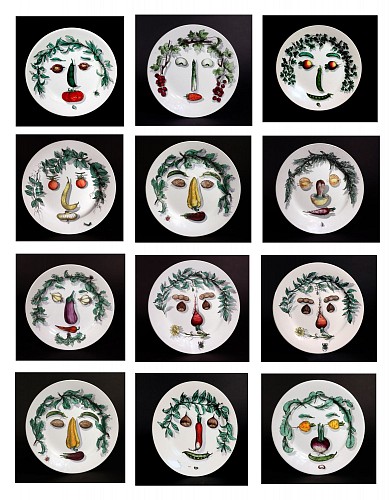 Piero Fornasetti Piero Fornasetti Giuseppe Arcimboldo Porcelain Plates- Set of Twelve, 1950s SOLD •