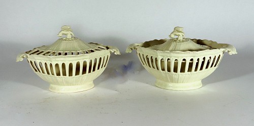 Creamware Pottery English Creamware Openwork Fruit Baskets and Covers, 1930s SOLD •