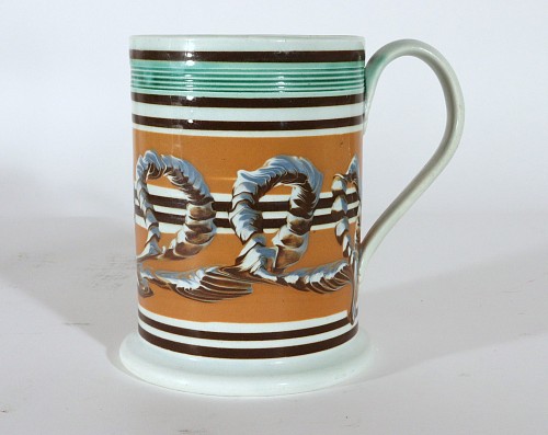 Pearlware Antique Mocha Pearlware Large Earthworm Tankard, 1800 SOLD •