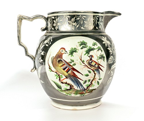 Pearlware Early 19th Century English Pearlware Pottery Silver Resist Lustre Jug with Bird Decoration, 1810-20 SOLD •