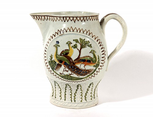 Pearlware Prattware Pottery Peacock Jug, 1800 SOLD •