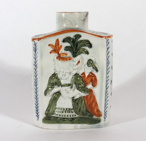 Pearlware Prattware Pottery Macaroni Tea Caddy, Possibly Prestonpans. Scotland or Staffordshire, 1790-1800 $1,250