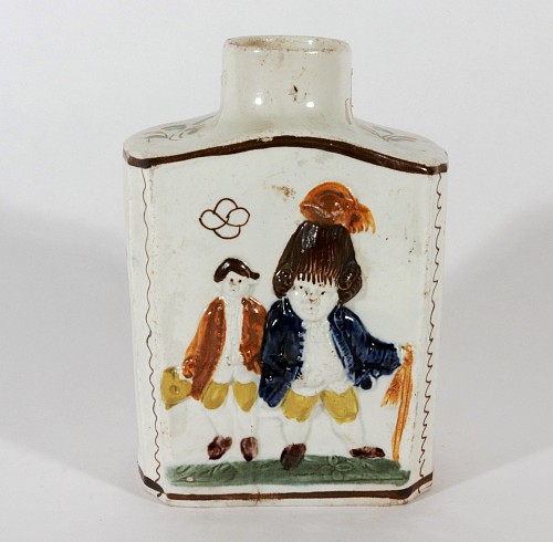 Pearlware Prattware Pottery "Macaroni" Tea Caddy, Possibly Prestonpans. Scotland or Staffordshire, 1790-1800 $1,250