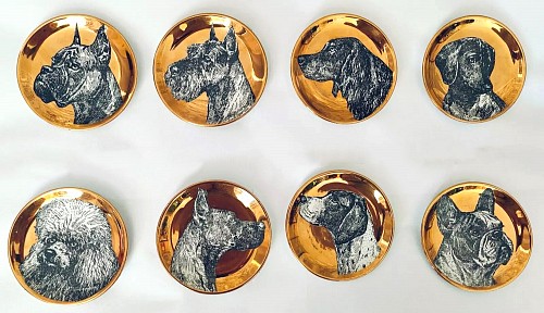 Piero Fornasetti Piero Fornasetti Ceramic ""CANI"" Pattern Coaster Set of Eight Decorated with Dogs, 1960s SOLD •