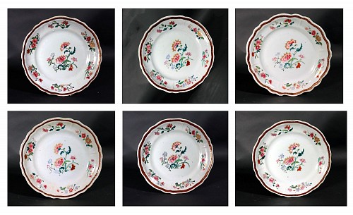 Chinese Export Porcelain Chinese Export Porcelain Set of Six Famille Rose Botanical Large Plates, 1760 SOLD •