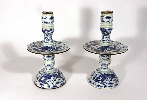 Chinese Export Porcelain Chinese Export Porcelain Underglaze Blue Pair of Candlesticks, 1850-80 $2,500