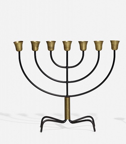 Inventory: Vintage Svend Aage Holm Sørensen Danish Mid-century Modern Steel and Brass Menorah, 1960s $1,250