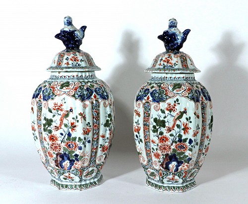 Inventory: French Faience French Faience Octagonal Fluted Vases and covers with Bird Decoration, Geo Martel, 1907 $2,250