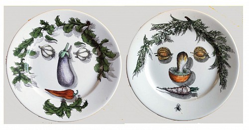 Inventory: Piero Fornasetti Piero Fornasetti Pottery Arcimboldesca- Motif Vegetable Face Plates, 1955-60s $750